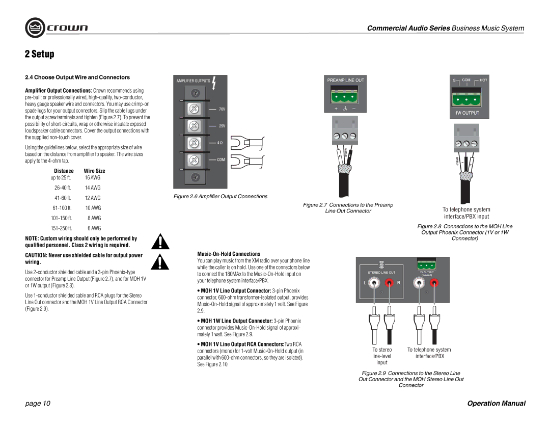 Crown Audio 180MAx operation manual Choose Output Wire and Connectors, Distance, Music-On-Hold Connections 