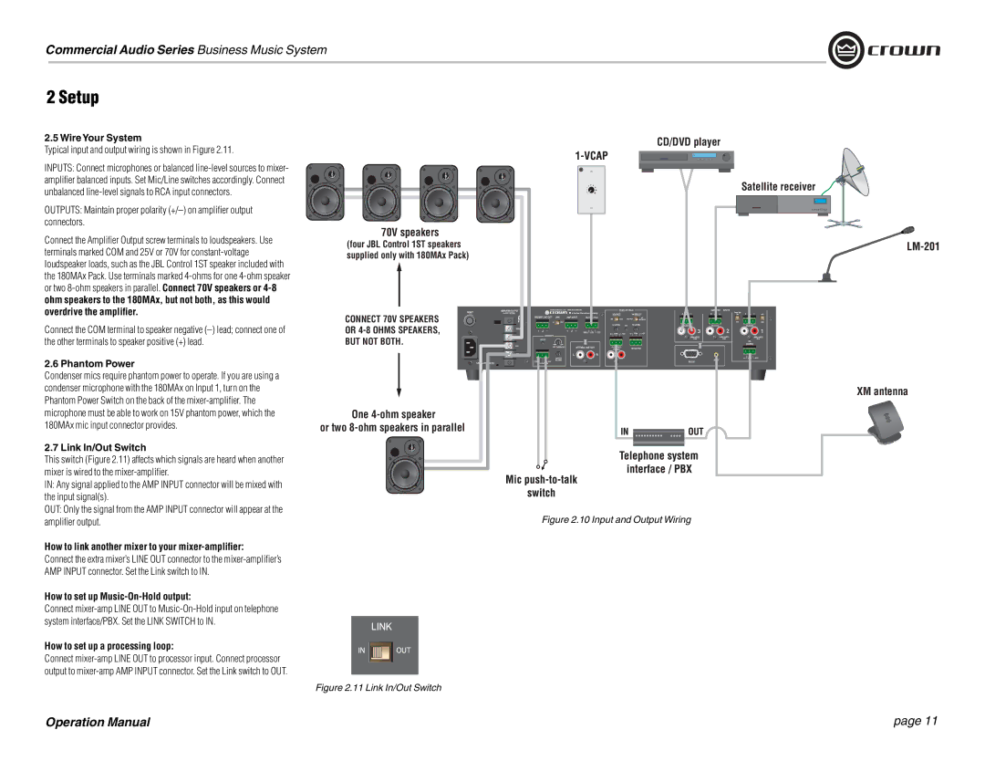 Crown Audio 180MAx WireYour System, Phantom Power, Link In/Out Switch, How to link another mixer to your mixer-ampliﬁer 