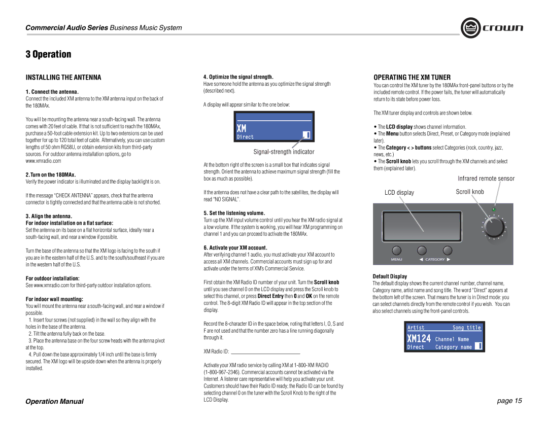 Crown Audio 180MAx operation manual Installing the Antenna, Operating the XM Tuner 