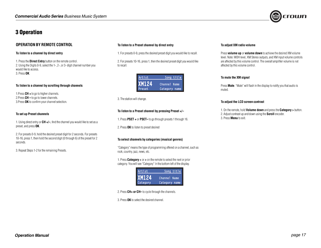 Crown Audio 180MAx operation manual Operation by Remote Control 