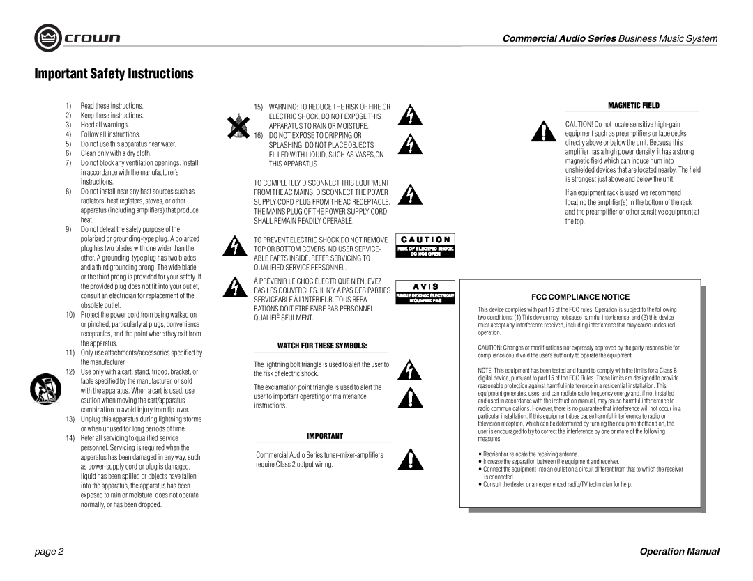 Crown Audio 180MAx operation manual Important Safety Instructions, Watch for These Symbols 