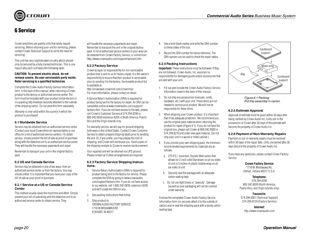 Crown Audio 180MAx operation manual Service 