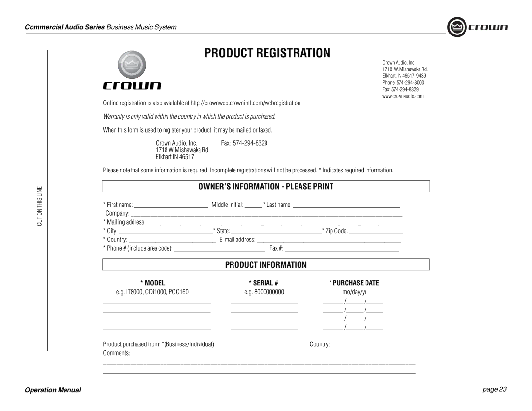 Crown Audio 180MAx operation manual Model Serial # Purchase Date, Crown Audio, Inc, Fax 