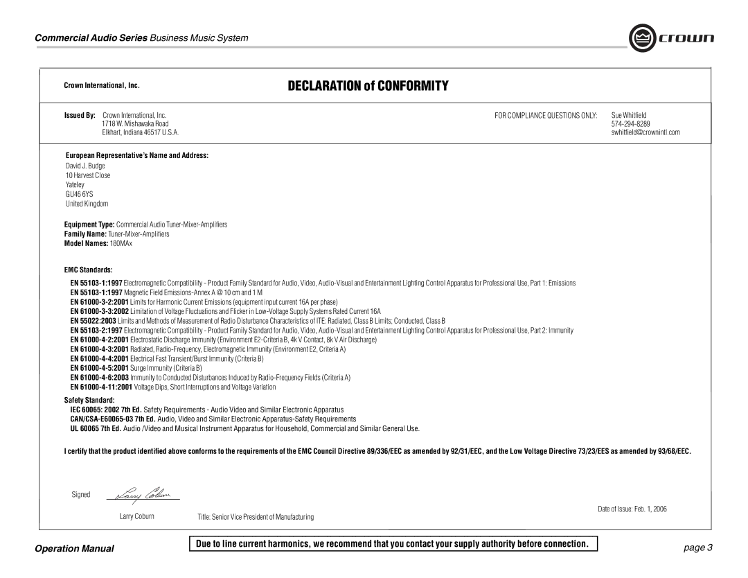 Crown Audio 180MAx Declaration of Conformity, Crown International, Inc, European Representative’s Name and Address 