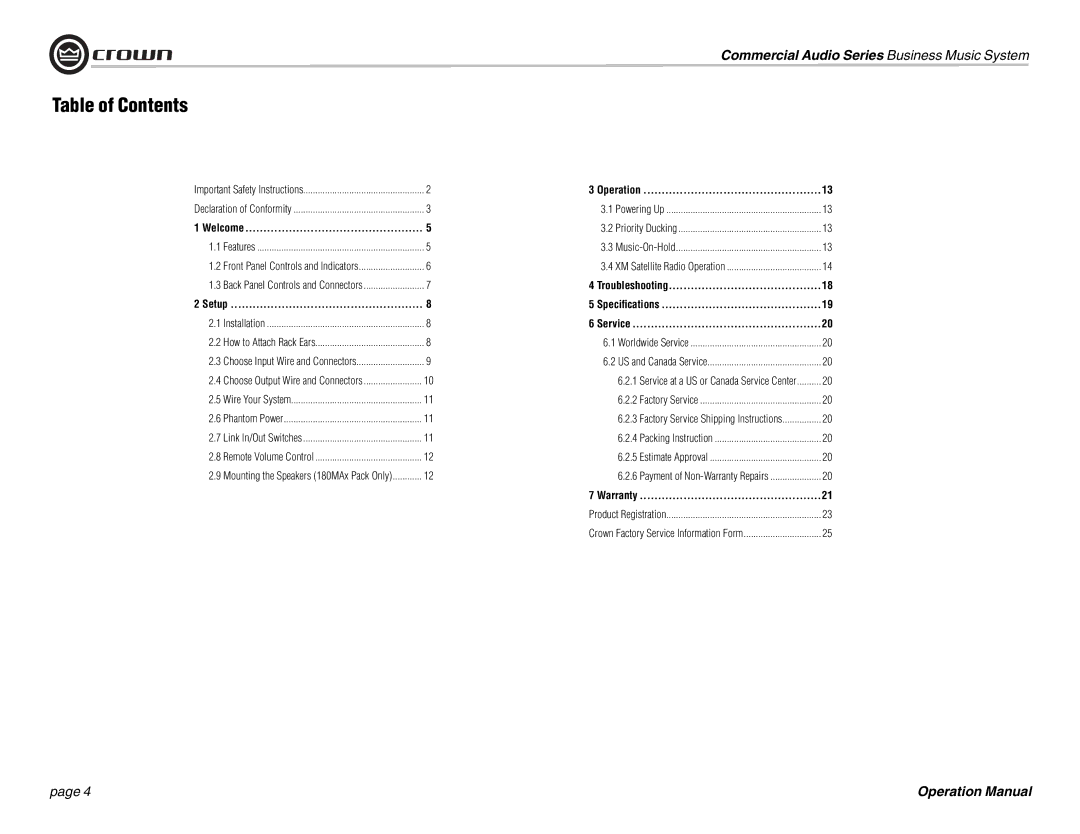 Crown Audio 180MAx operation manual Table of Contents 