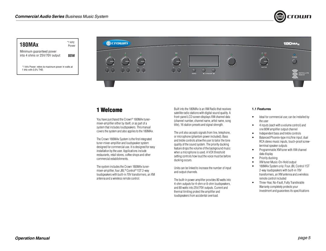 Crown Audio 180MAx operation manual Welcome, Features, Ideal for commercial use can be installed by the user 