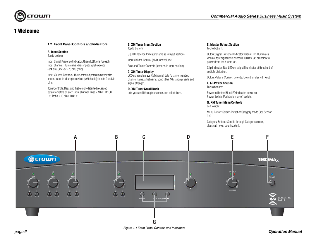 Crown Audio 180MAx Front Panel Controls and Indicators Input Section, XM Tuner Input Section, XM Tuner Display 