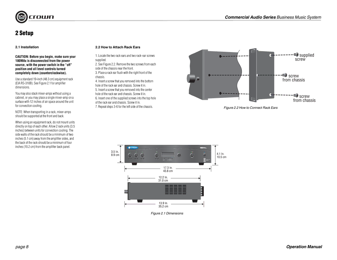 Crown Audio 180MAx operation manual Setup, Installation, How to Attach Rack Ears 