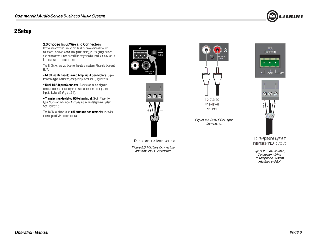 Crown Audio operation manual 180MAx has two types of input connectors Phoenix-type, Rca 