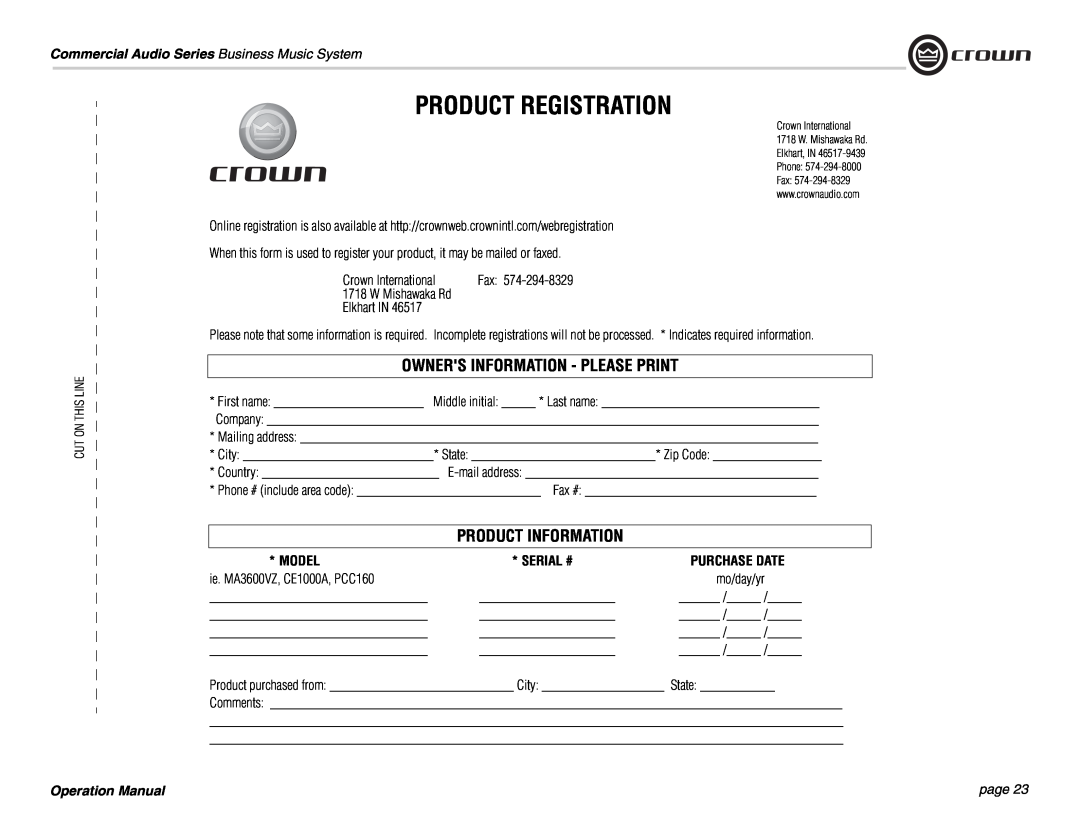 Crown Audio 180MAx Product Registration, Owners Information - Please Print, Product Information, Model, Serial #, page 