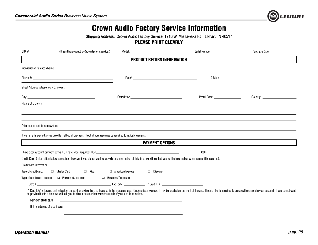 Crown Audio 180MAx operation manual Please Print Clearly, Payment Options, Crown Audio Factory Service Information, page 