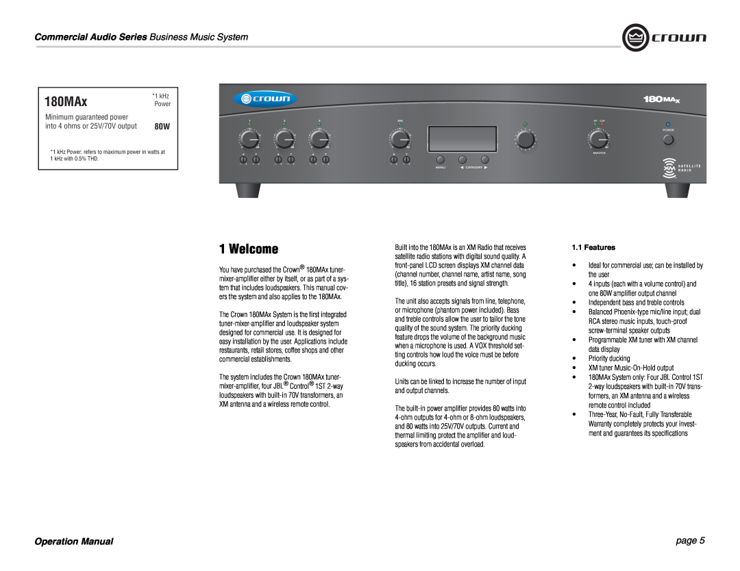 Crown Audio 180MAx Welcome, page, Commercial Audio Series Business Music System, Minimum guaranteed power, Features 