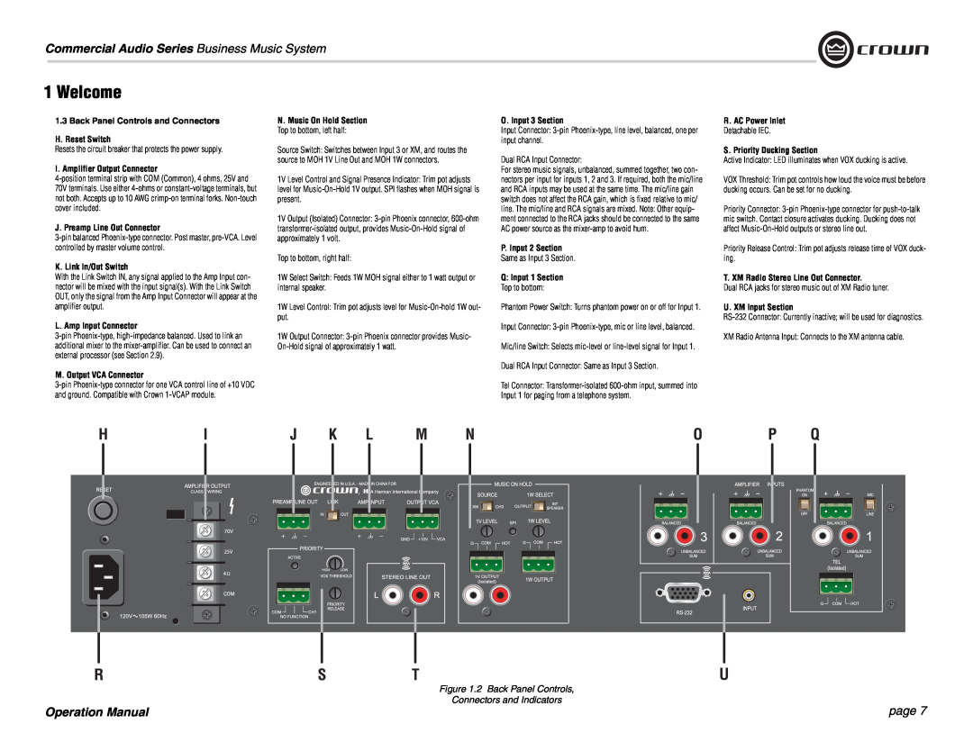 Crown Audio 180MAx operation manual Welcome, Commercial Audio Series Business Music System, page, Back Panel Controls 