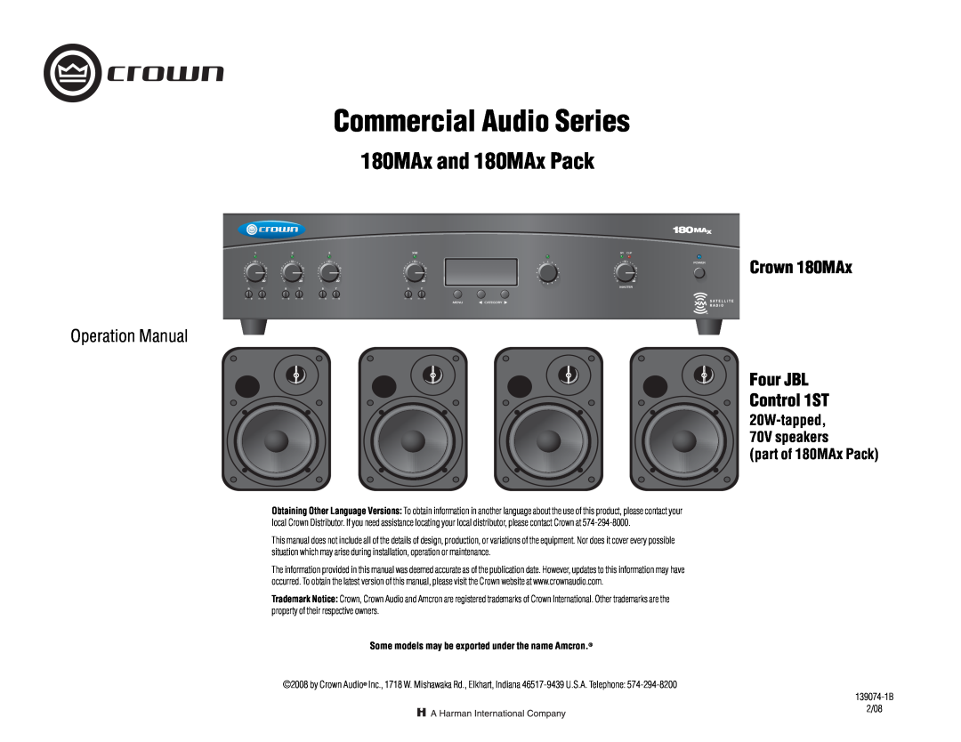 Crown Audio operation manual 180MAx and 180MAx Pack, Crown 180MAx, Four JBL Control 1ST, Commercial Audio Series 