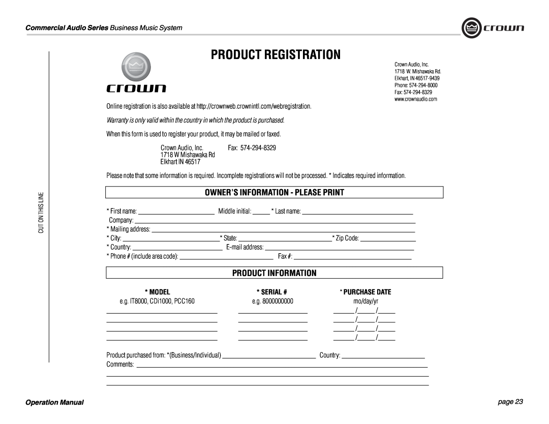 Crown Audio 180MAx Product Registration, Owner’S Information - Please Print, Product Information, Model, Serial #, page 