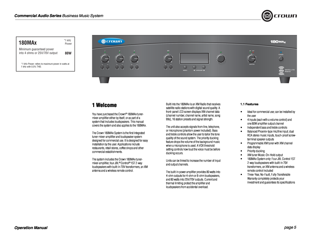 Crown Audio 180MAx Welcome, page, Commercial Audio Series Business Music System, Minimum guaranteed power, Features 