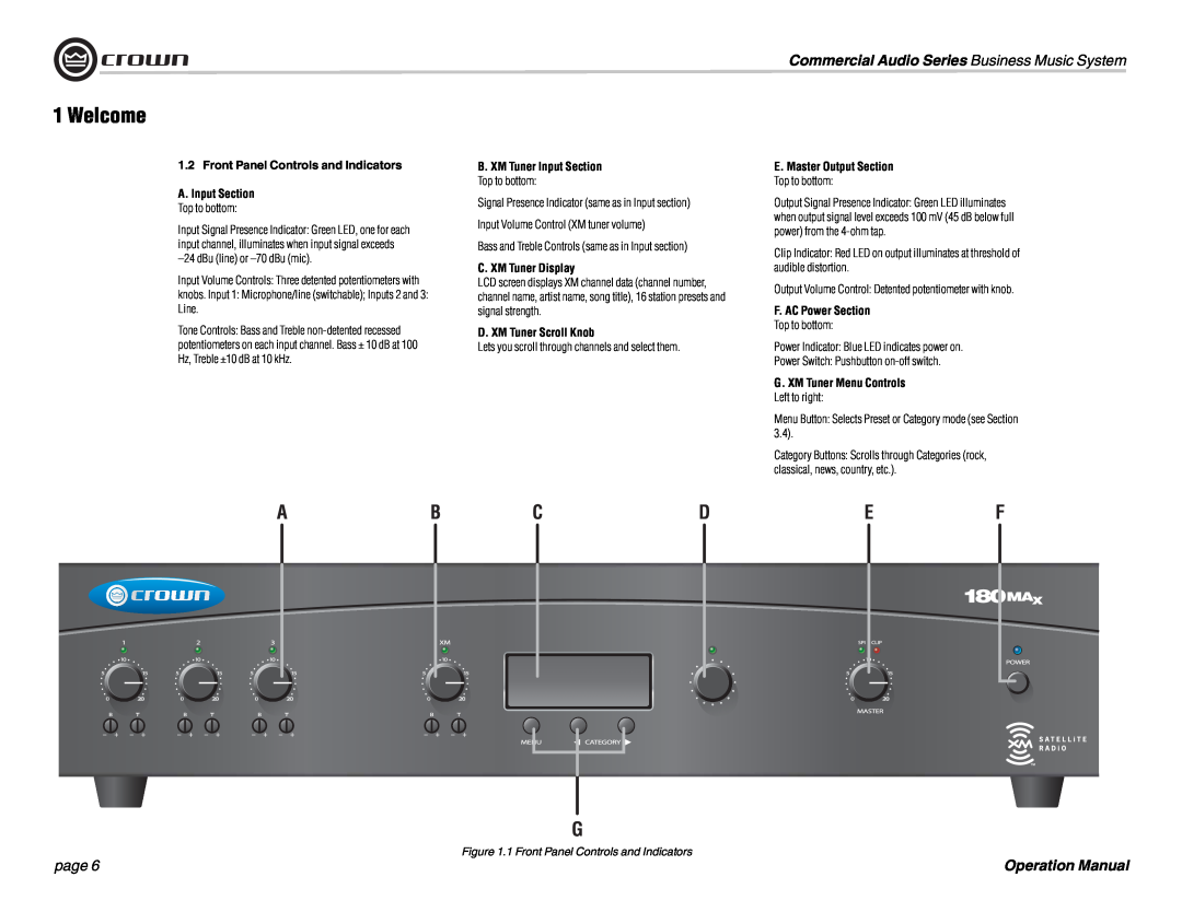 Crown Audio 180MAx Welcome, Commercial Audio Series Business Music System, page, Front Panel Controls and Indicators 