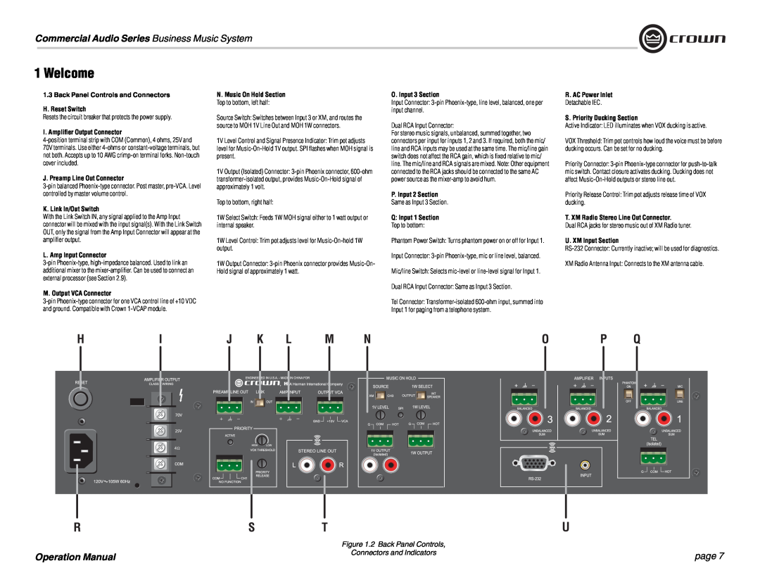 Crown Audio 180MAx operation manual Welcome, Commercial Audio Series Business Music System, page, 2 Back Panel Controls 