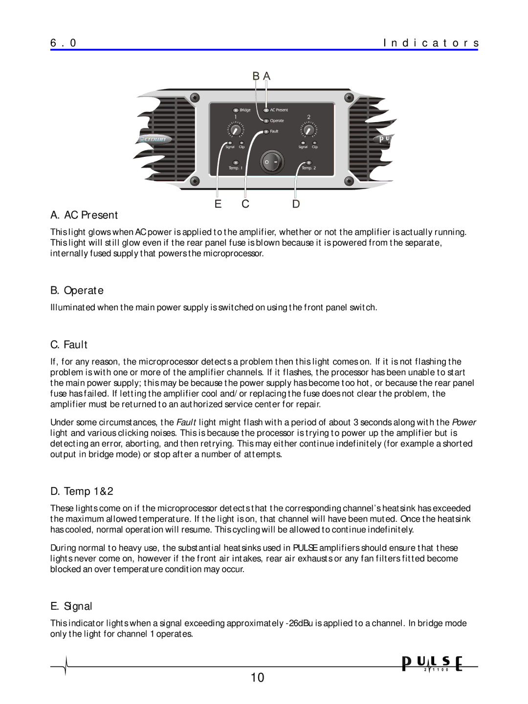 Crown Audio 21100 user manual D i c a t o r s, AC Present, Operate, Fault, Temp 1&2, Signal 