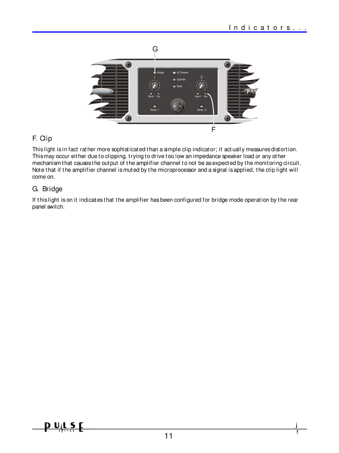 Crown Audio 21100 user manual D i c a t o r s Clip, Bridge 