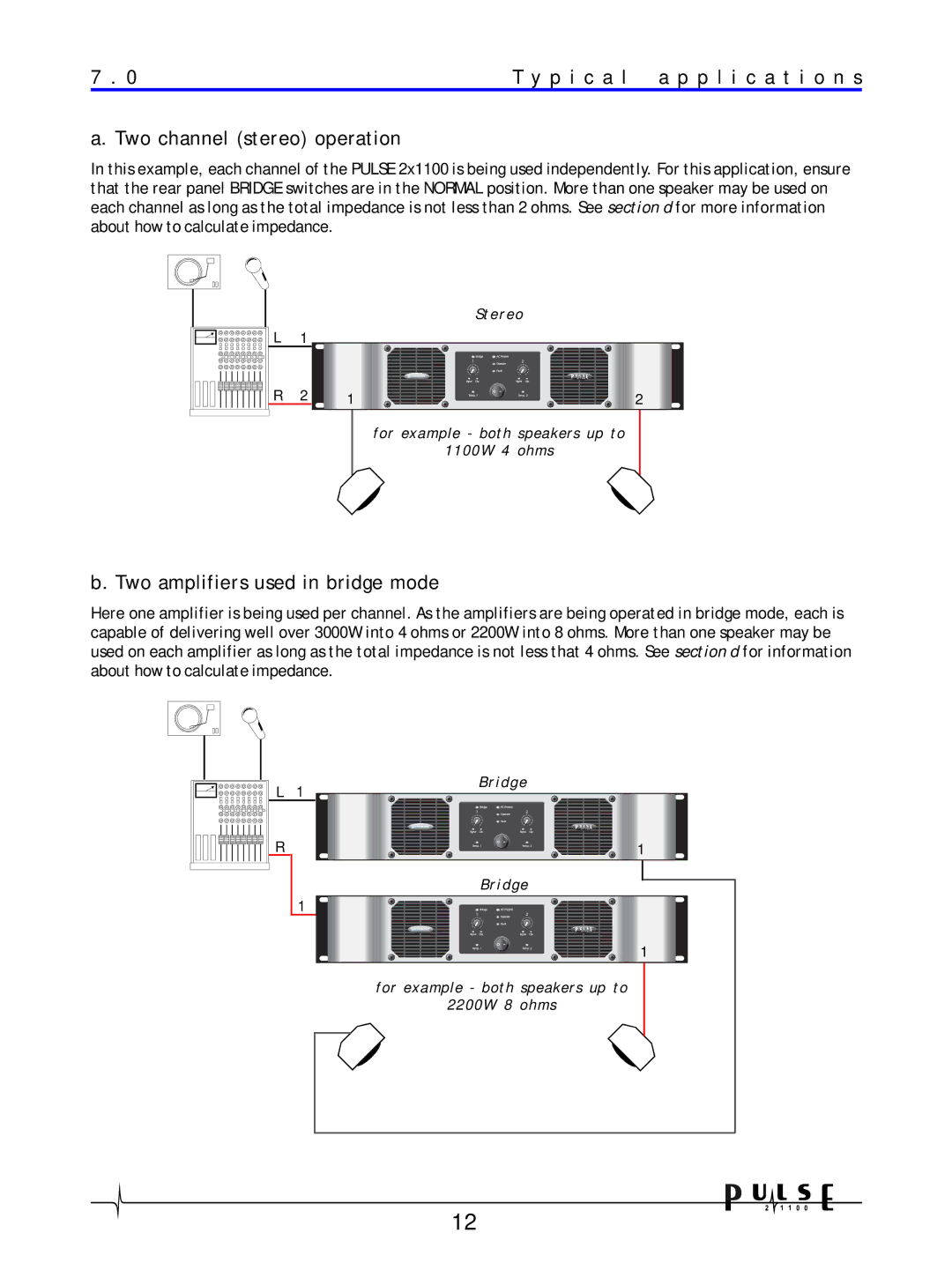 Crown Audio 21100 P i c a l a p p l i c a t i o n s, Two channel stereo operation, Two amplifiers used in bridge mode 