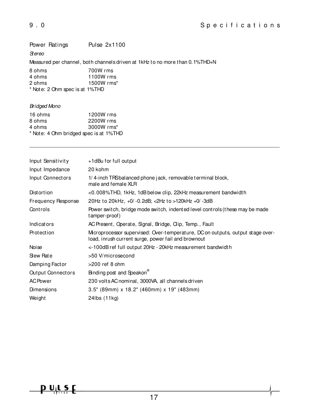 Crown Audio 21100 user manual Specification s, Ohms 700W rms 1100W rms 1500W rms 