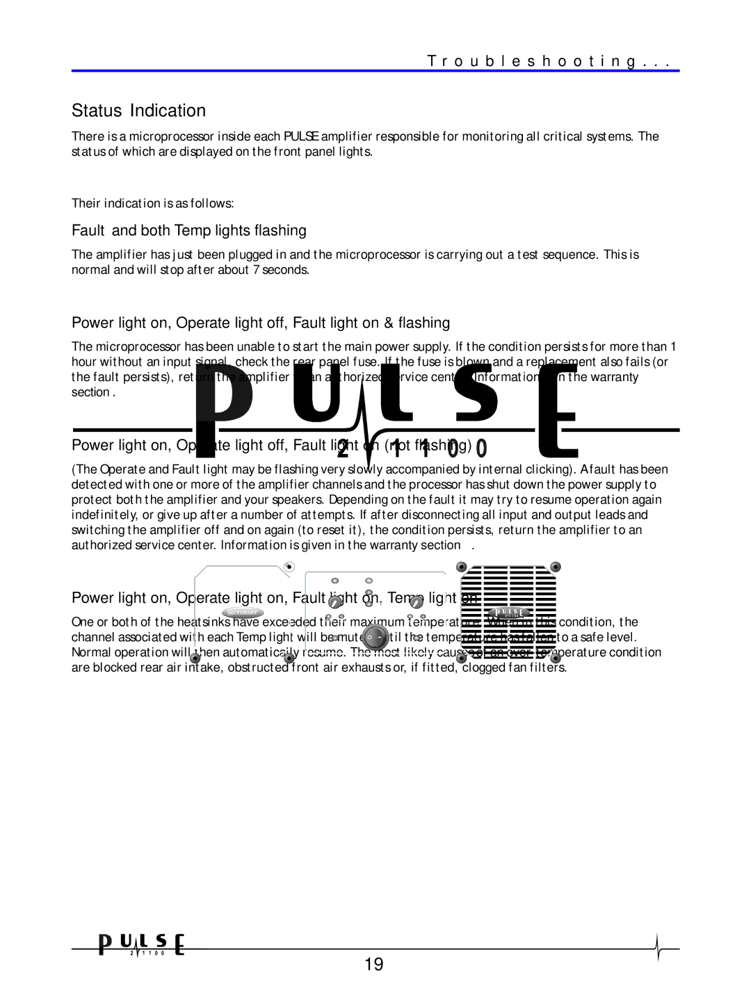 Crown Audio 21100 user manual Status Indication, Fault and both Temp lights flashing 