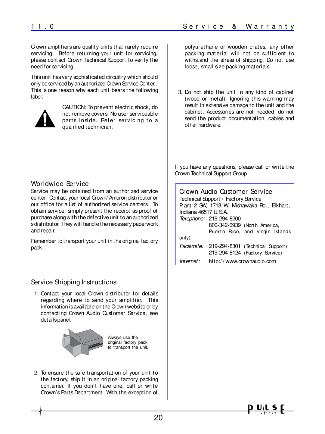 Crown Audio 21100 user manual R v i c e & W a r r a n t y, Worldwide Service, Service Shipping Instructions 