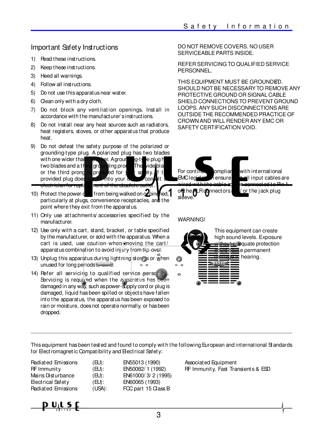 Crown Audio 21100 user manual Important Safety Instructions, F e t y I n f o r m a t i o n 