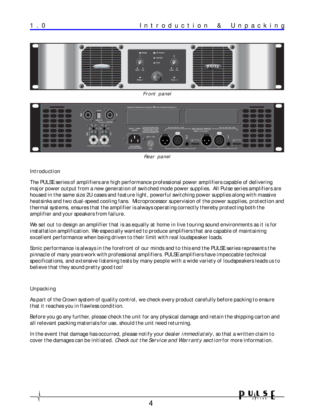 Crown Audio 21100 user manual T r o d u c t i o n & U n p a c k i n g, Introduction, Unpacking 