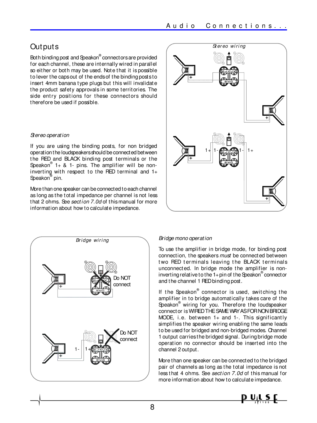 Crown Audio 21100 user manual Outputs, Stereo operation 