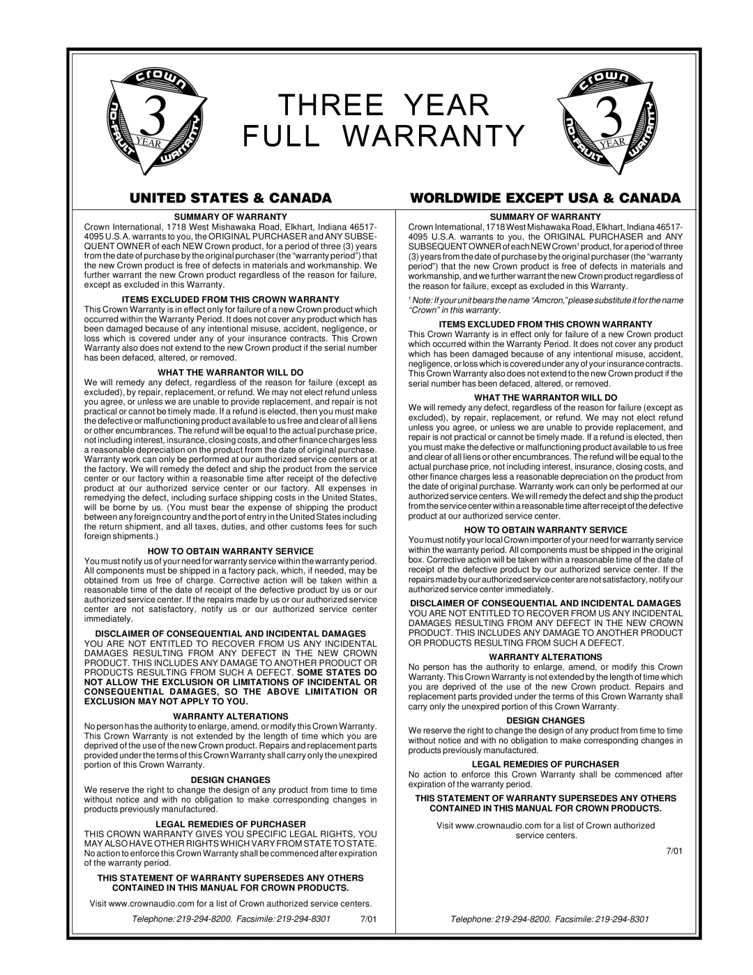 Crown Audio 21100 user manual Three Year Full Warranty, United States & Canada, Worldwide Except Usa & Canada, 7/01 