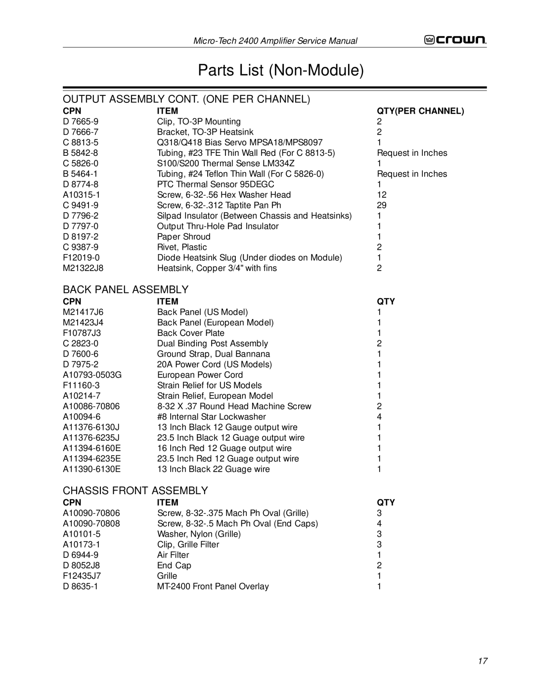 Crown Audio 2400 service manual Output Assembly CONT. ONE PER Channel, Back Panel Assembly, Chassis Front Assembly 