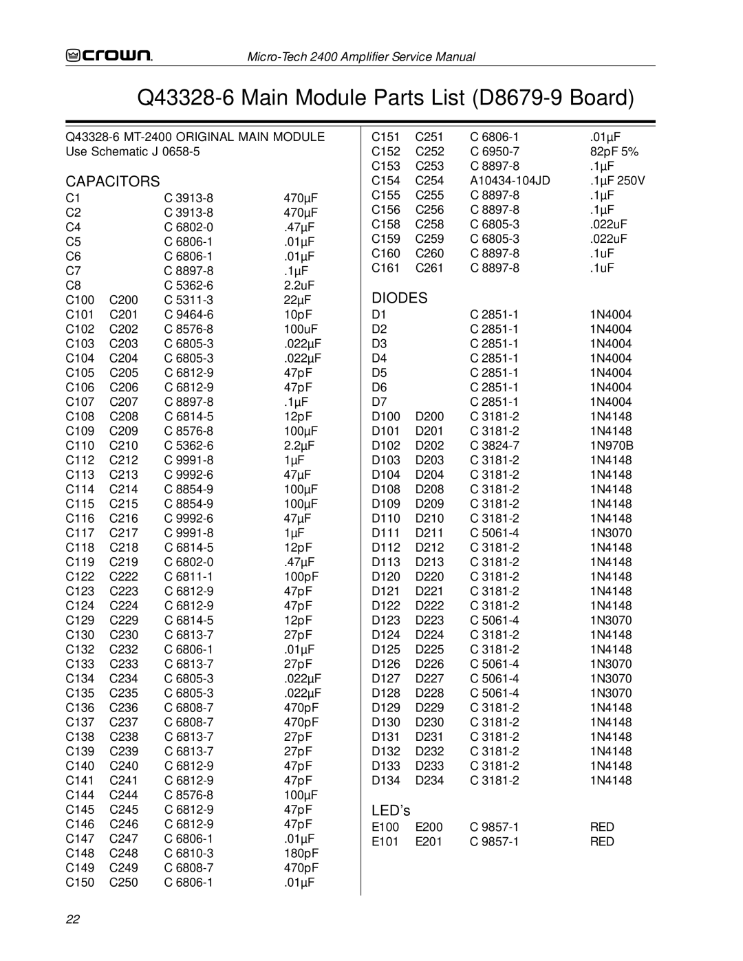 Crown Audio Q43328-6 Main Module Parts List D8679-9 Board, Q43328-6 MT-2400 Original Main Module Use Schematic J 