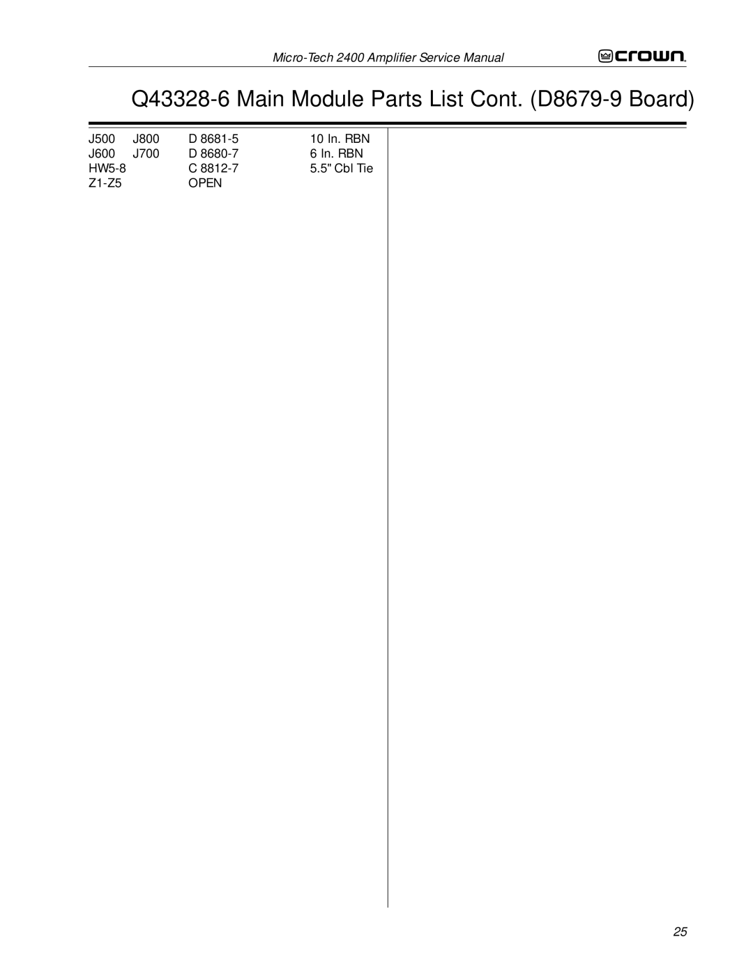 Crown Audio 2400 service manual Q43328-6 Main Module Parts List Cont. D8679-9 Board 