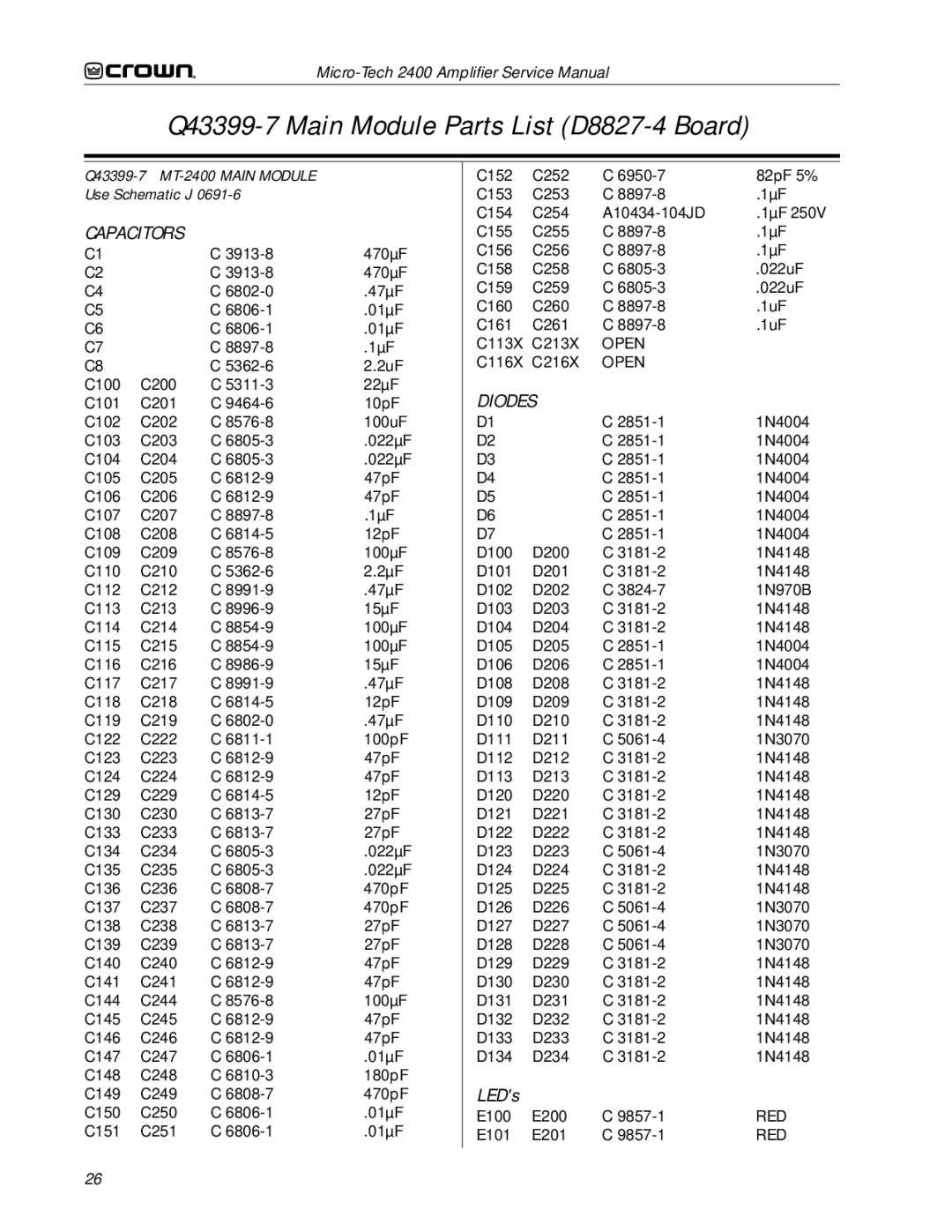 Crown Audio service manual Q43399-7 Main Module Parts List D8827-4 Board, Q43399-7 MT-2400 Main Module Use Schematic J 