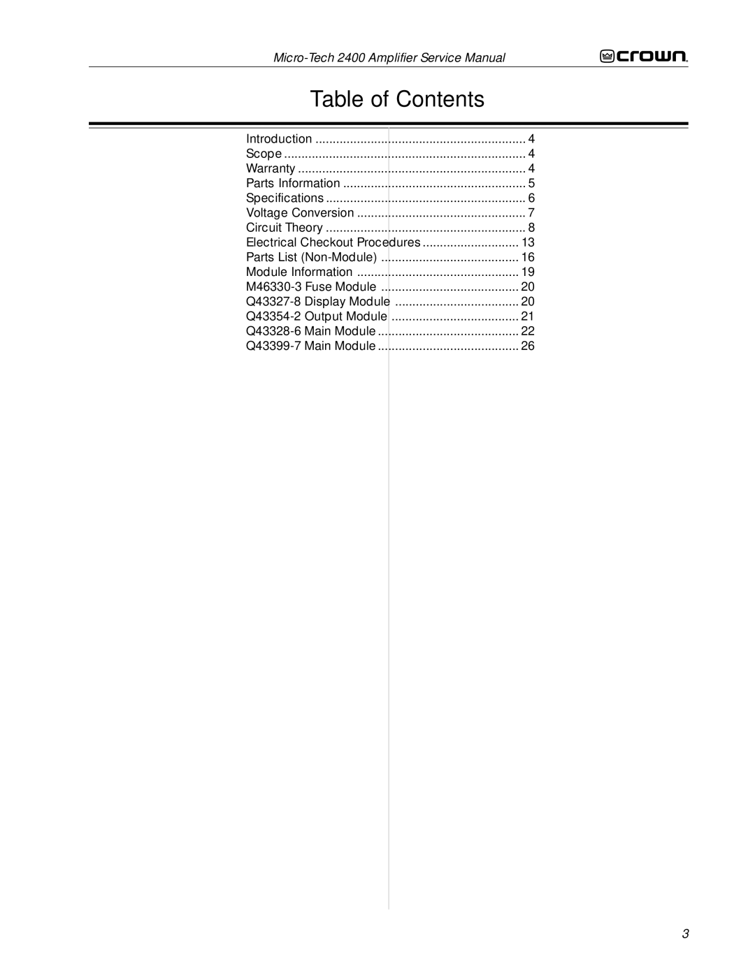 Crown Audio 2400 service manual Table of Contents 