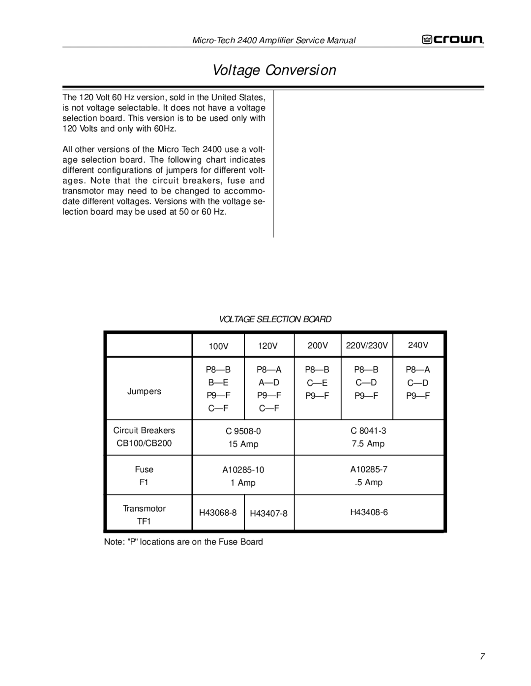 Crown Audio 2400 service manual Voltage Conversion 