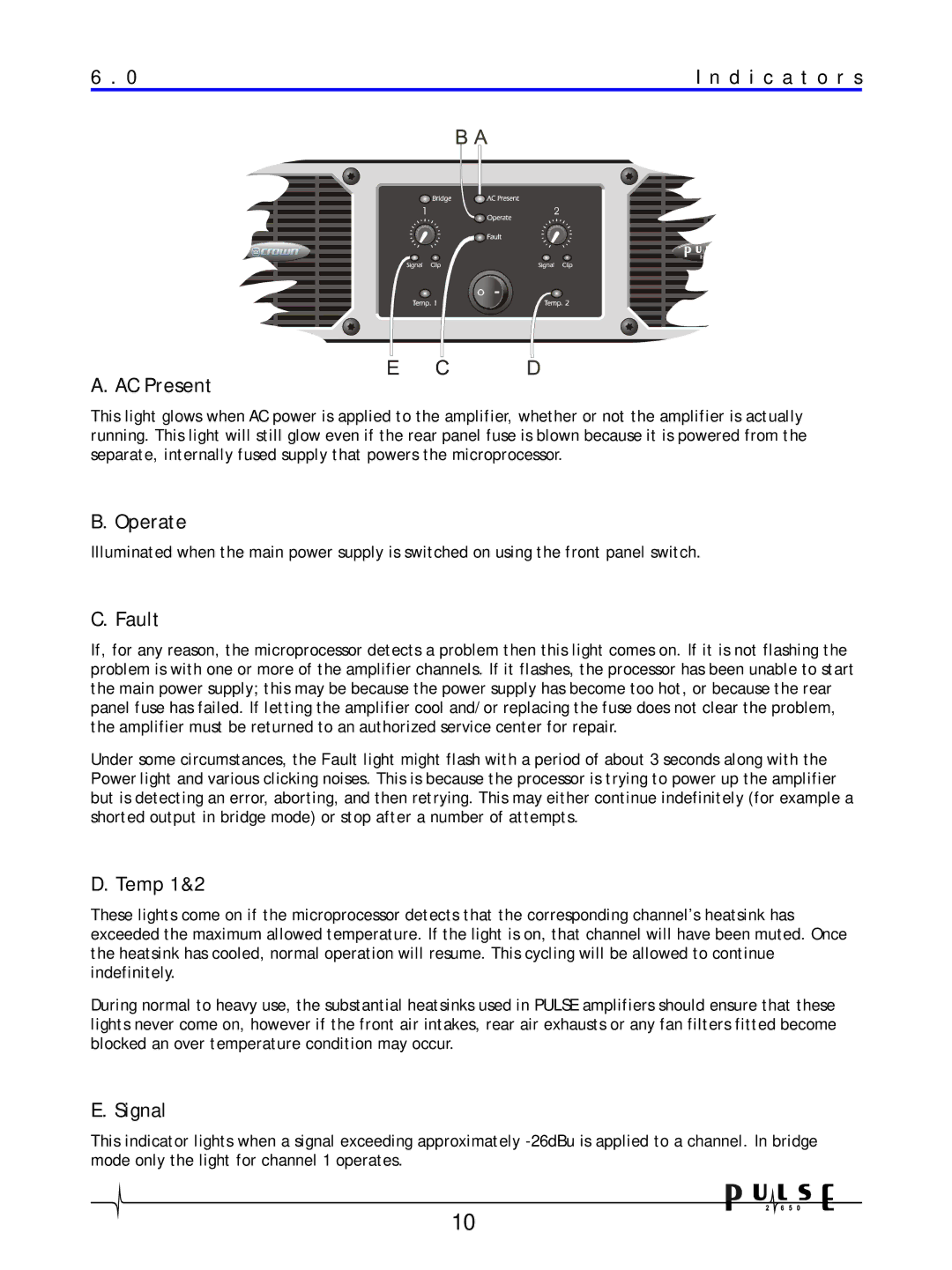 Crown Audio 2650 user manual D i c a t o r s, AC Present, Operate, Fault, Temp 1&2, Signal 