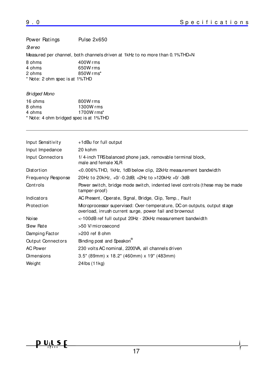 Crown Audio 2650 user manual Specification s, Ohms 400W rms 650W rms 850W rms, Ohms 800W rms 1300W rms 