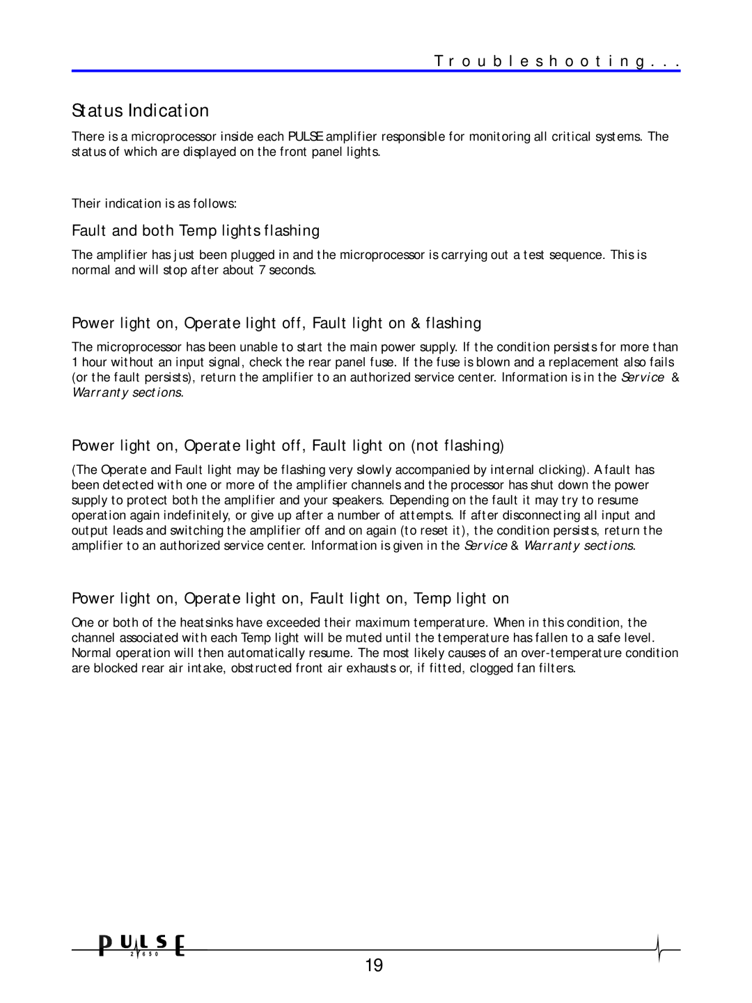 Crown Audio 2650 user manual Status Indication, Fault and both Temp lights flashing 