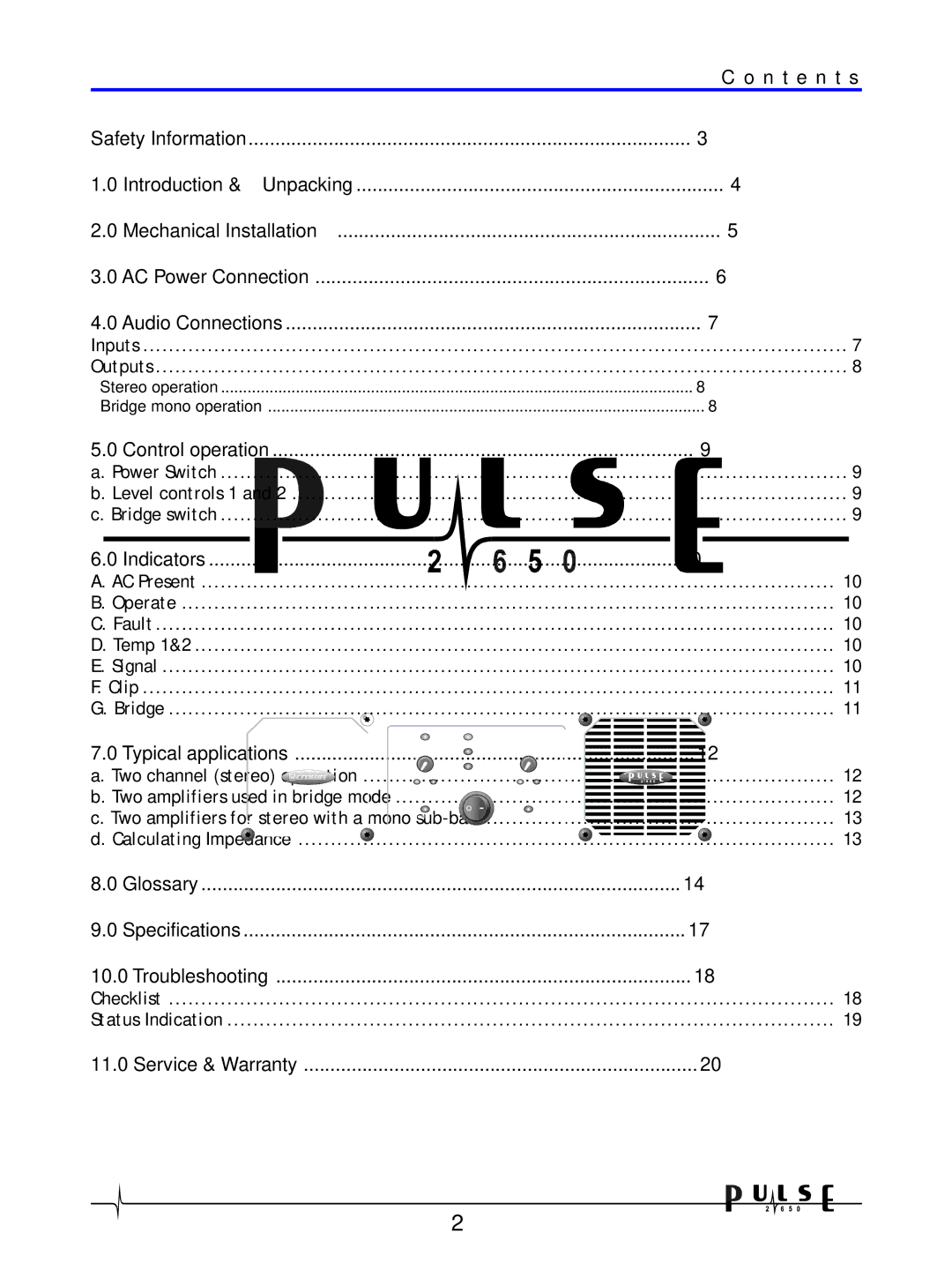 Crown Audio 2650 user manual N t e n t s, Typical applications 