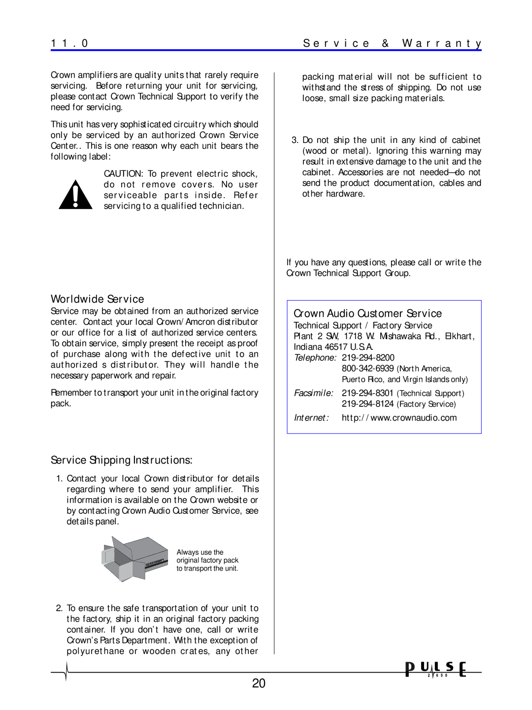 Crown Audio 2650 user manual R v i c e & W a r r a n t y, Worldwide Service, Service Shipping Instructions 