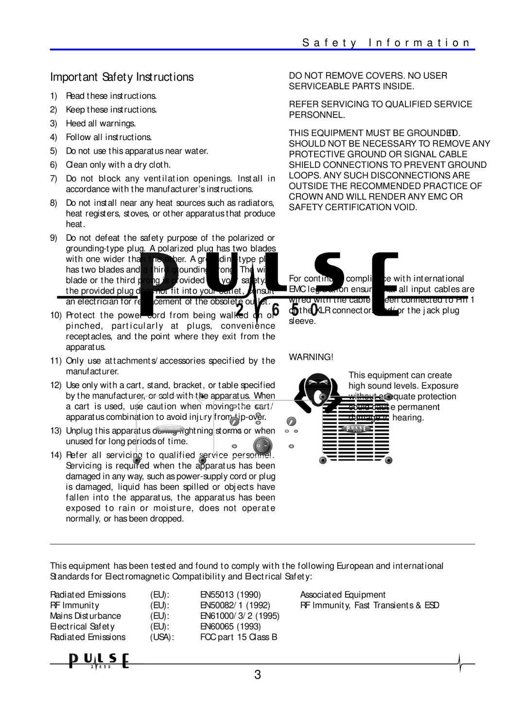 Crown Audio 2650 user manual Important Safety Instructions, F e t y I n f o r m a t i o n 