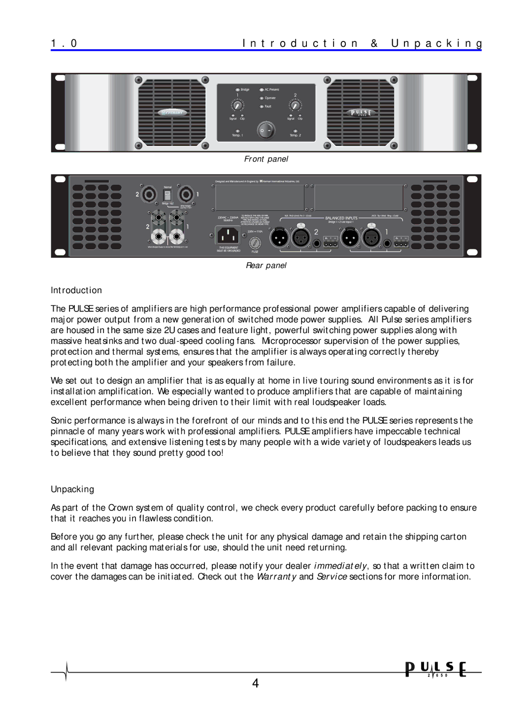 Crown Audio 2650 user manual T r o d u c t i o n & U n p a c k i n g, Introduction, Unpacking 