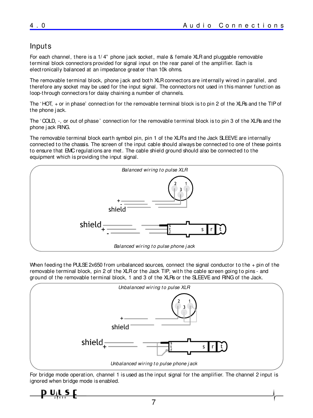 Crown Audio 2650 user manual Inputs, D i o C o n n e c t i o n s 