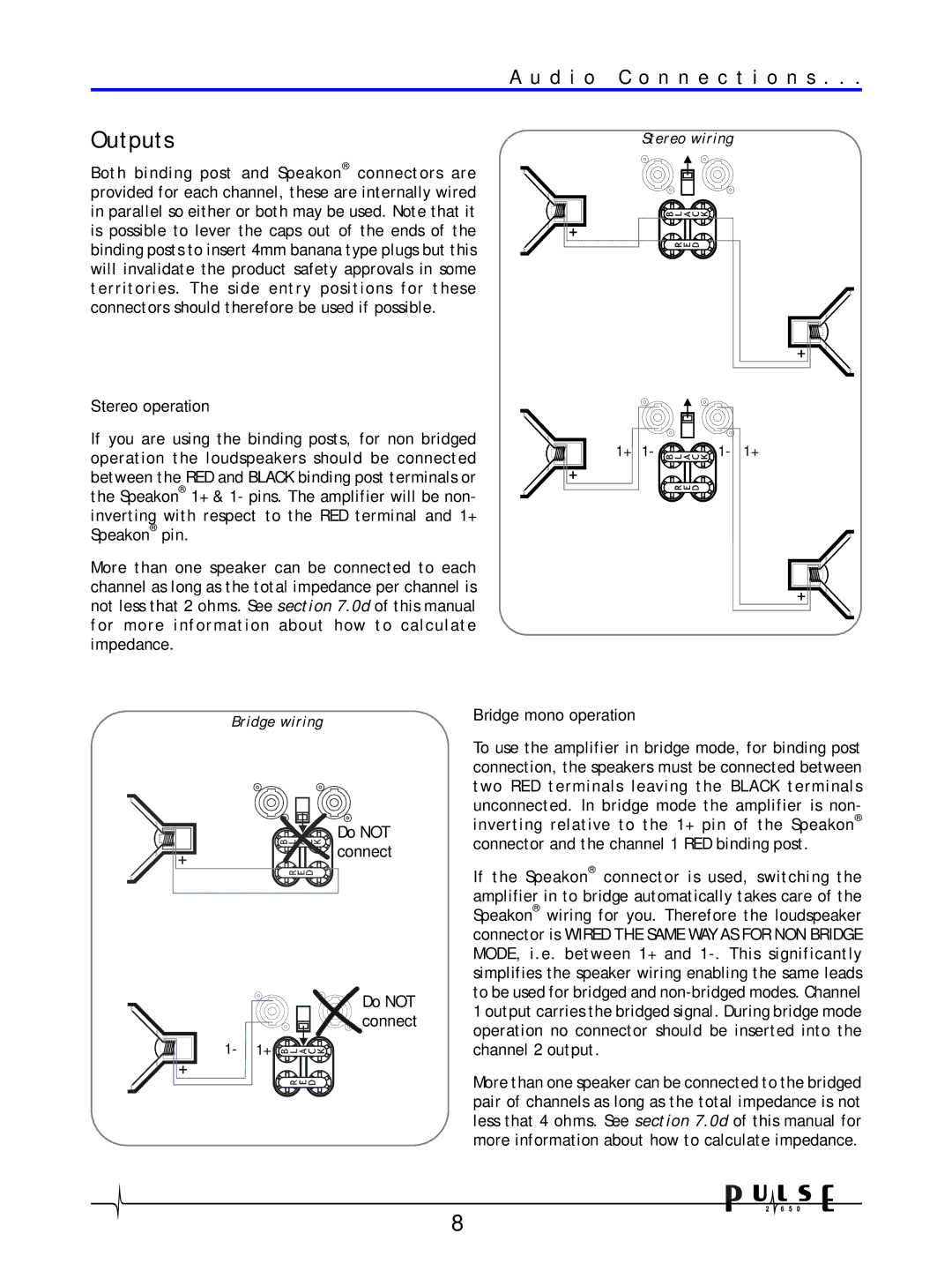 Crown Audio 2650 user manual Outputs, Stereo operation 