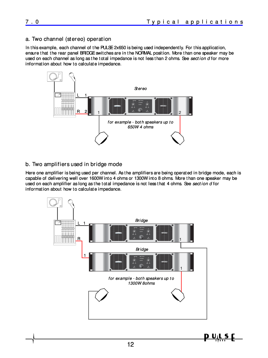 Crown Audio 2650 user manual T y p i c a l a p p l i c a t i o n s, a. Two channel stereo operation, Stereo, Bridge 