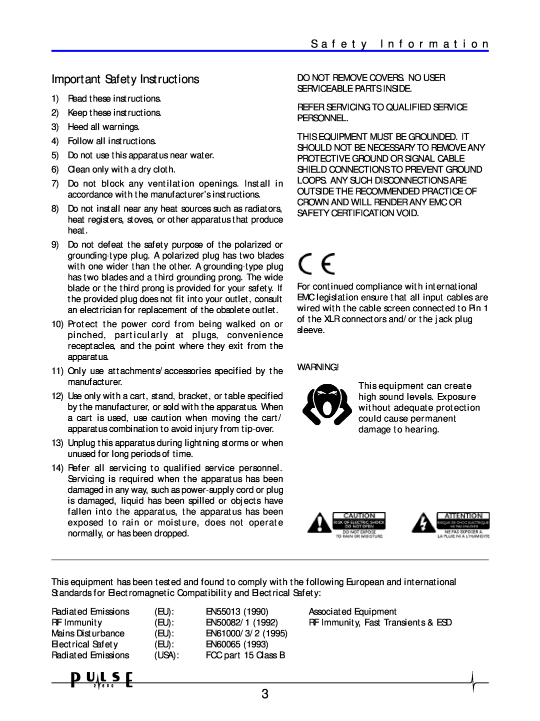 Crown Audio 2650 user manual S a f e t y I n f o r m a t i o n, Important Safety Instructions 