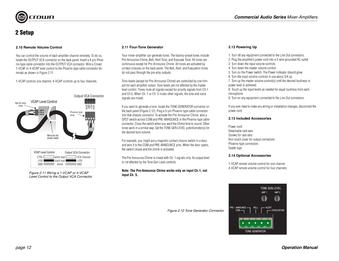 Crown Audio 280MA Remote Volume Control, Four-Tone Generator, Powering Up, Included Accessories, Optional Accessories 